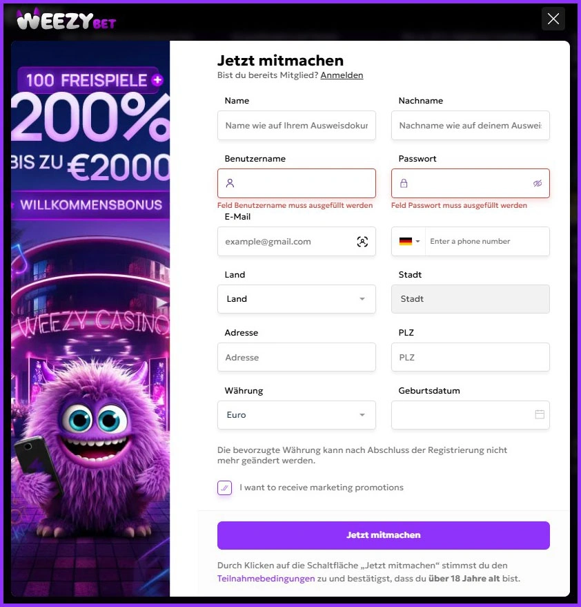 Registrierung bei Weezybet Casino