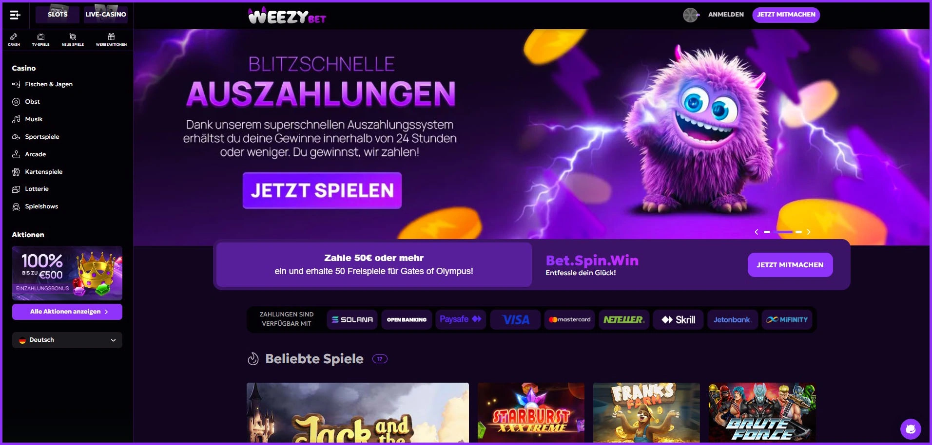 Kompakte Übersicht der Weezybet Casino Hauptseite